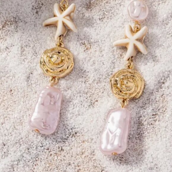 NWT Gold Starfish & Pearl Dangle Earrings beachy boho Coastal Jewelry Gift - Picture 6 of 8